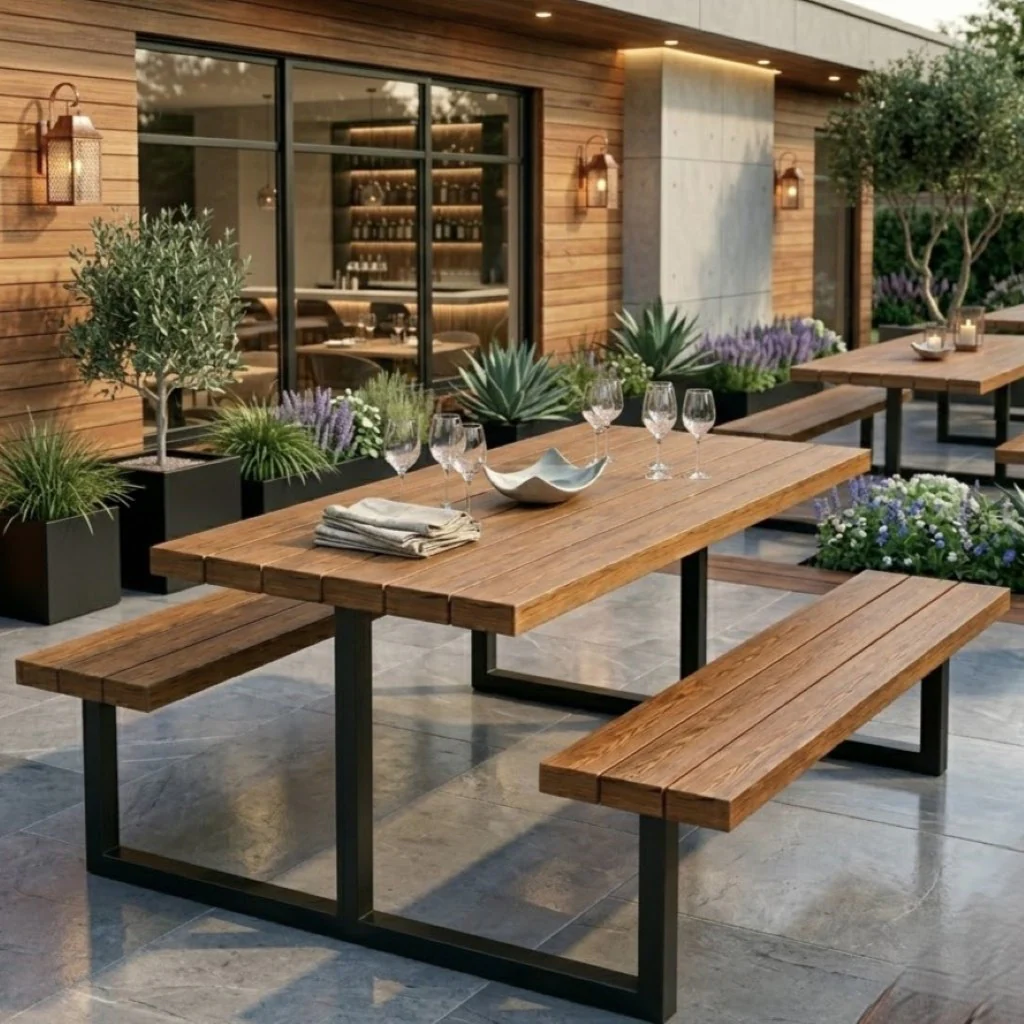 Commercial Slatted Iroko Outdoor Picnic Table with Fixed Benches - Image 3