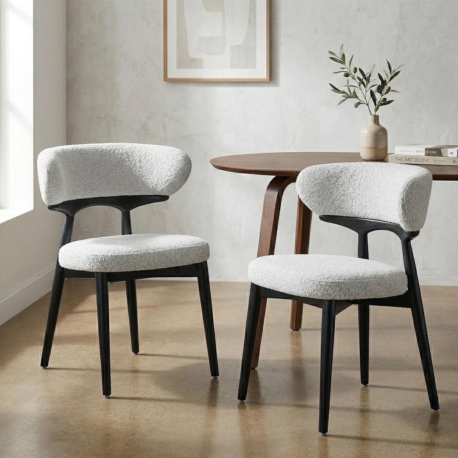 Elysian Dining Chair – Light Grey Bouclé Fabric (Set of 2)