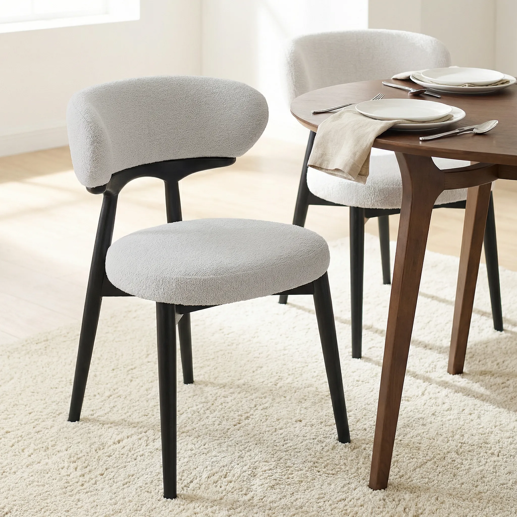 Elysian Dining Chair – Light Grey Bouclé Fabric (Set of 2) - Image 2