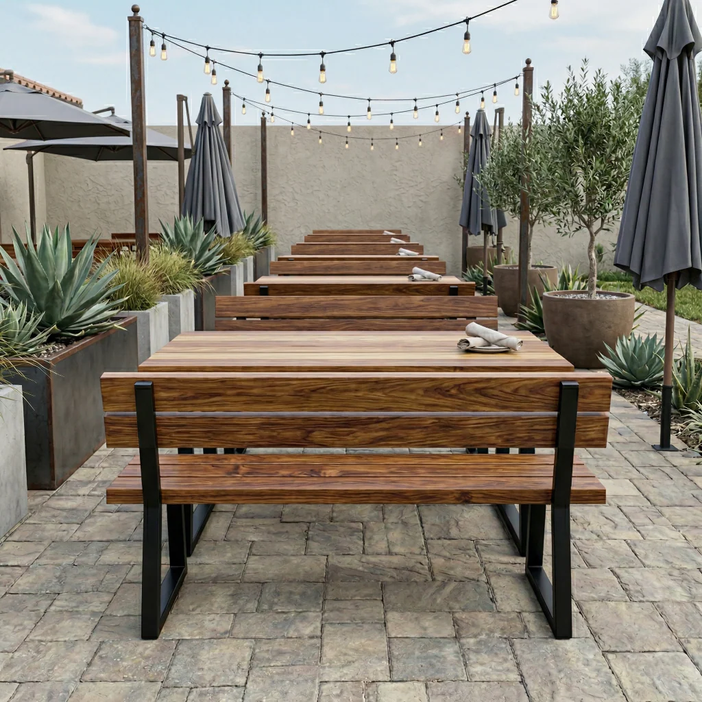 Commercial Iroko Outdoor Bench with Back - Image 3