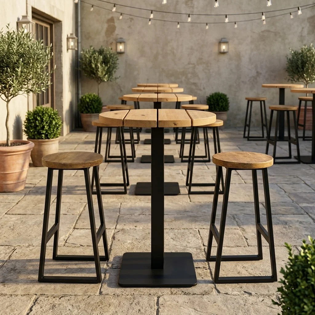 Sleek & Slender Rustic Slatted Outdoor Large Round Poseur Table