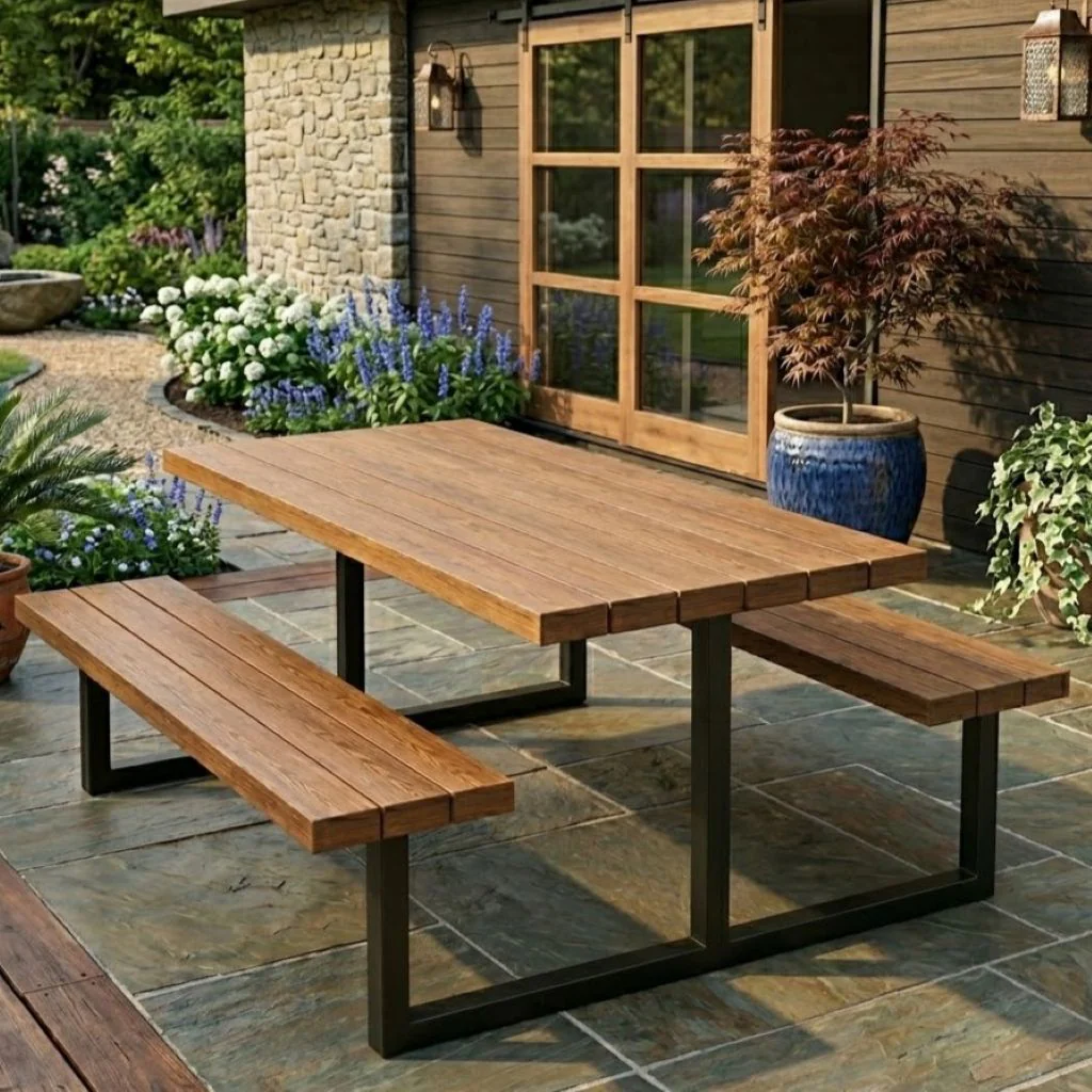 Slatted Iroko Outdoor Picnic Table with Fixed Benches - Image 3