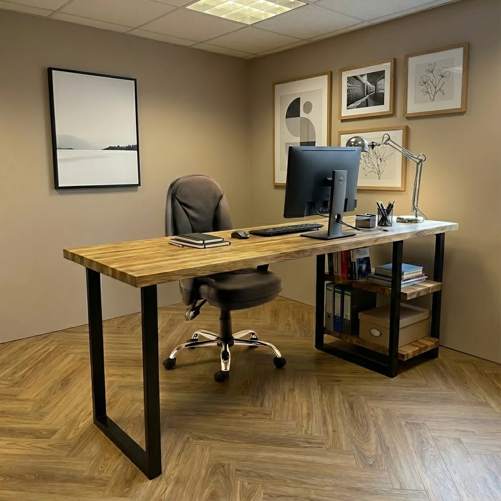 Staved Oak Office Desk with Under Desk Shelves - Image 3