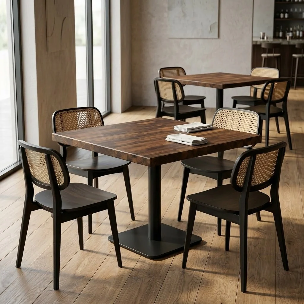 Staved Walnut Large Square Pedestal Table