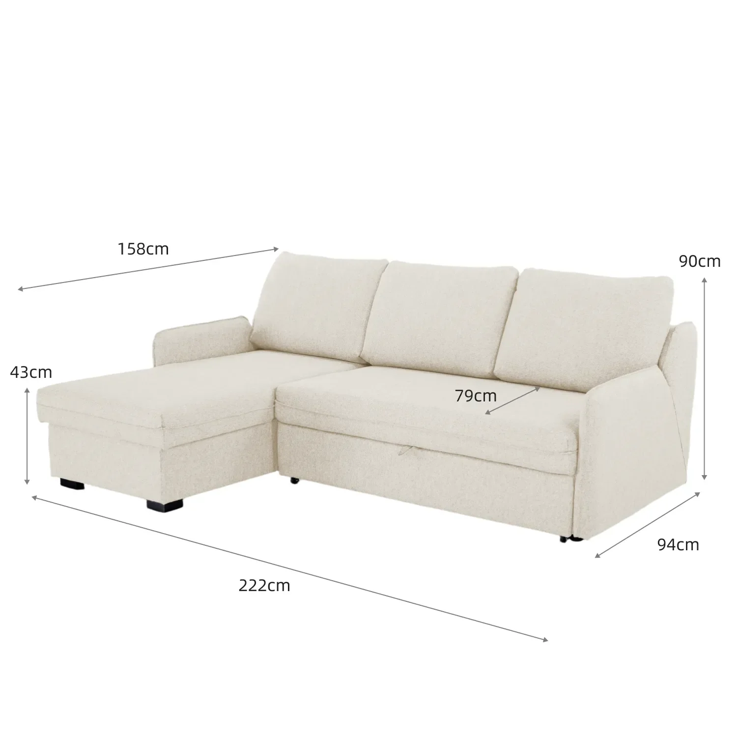 Verona Fabric 3 Seater Reversible Corner Sofa Bed with Storage - Cream - Image 22